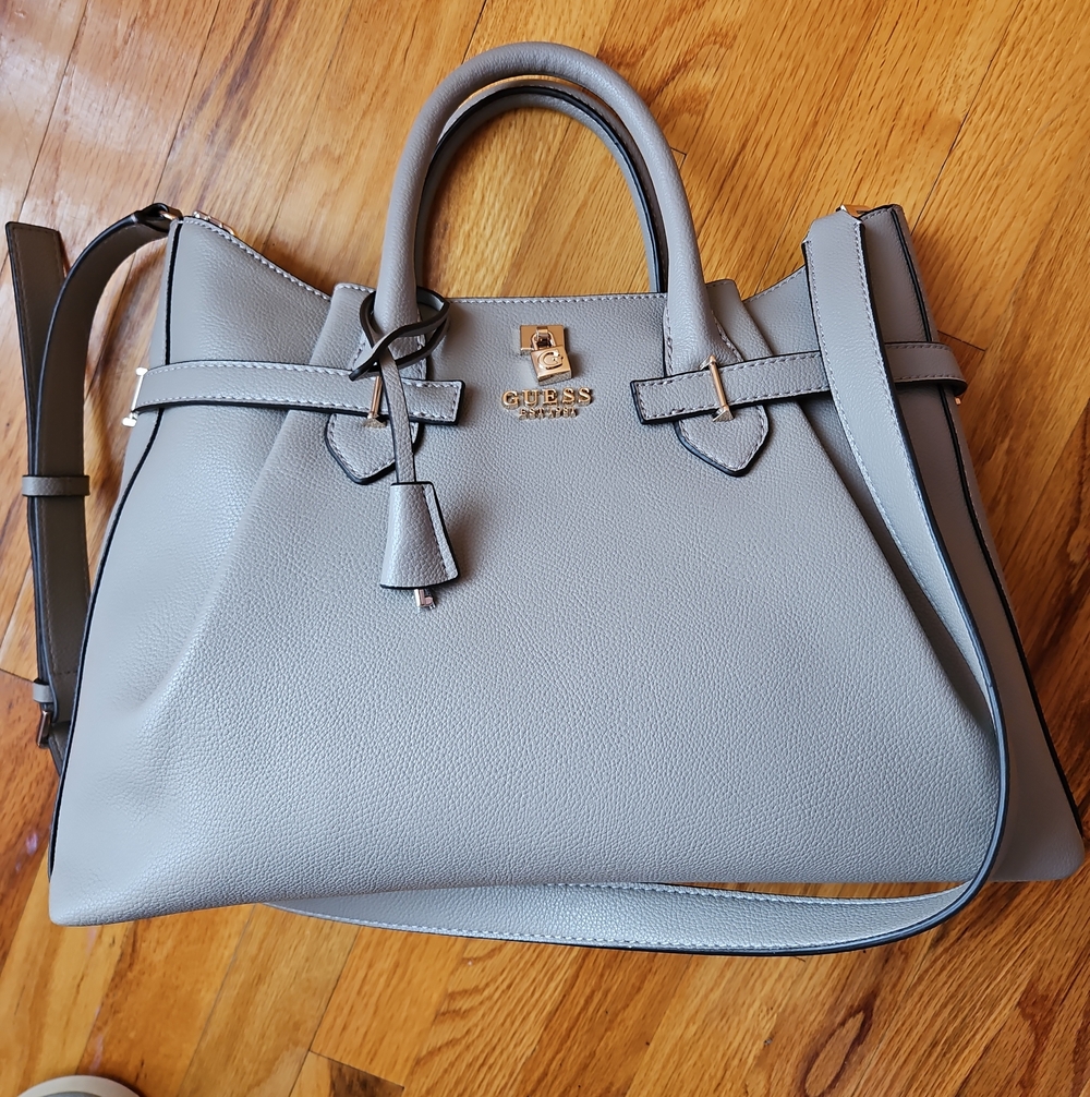 GUESS Grey Pebbled Leather Satchel with Top Handles and Shoulder Strap Brand New